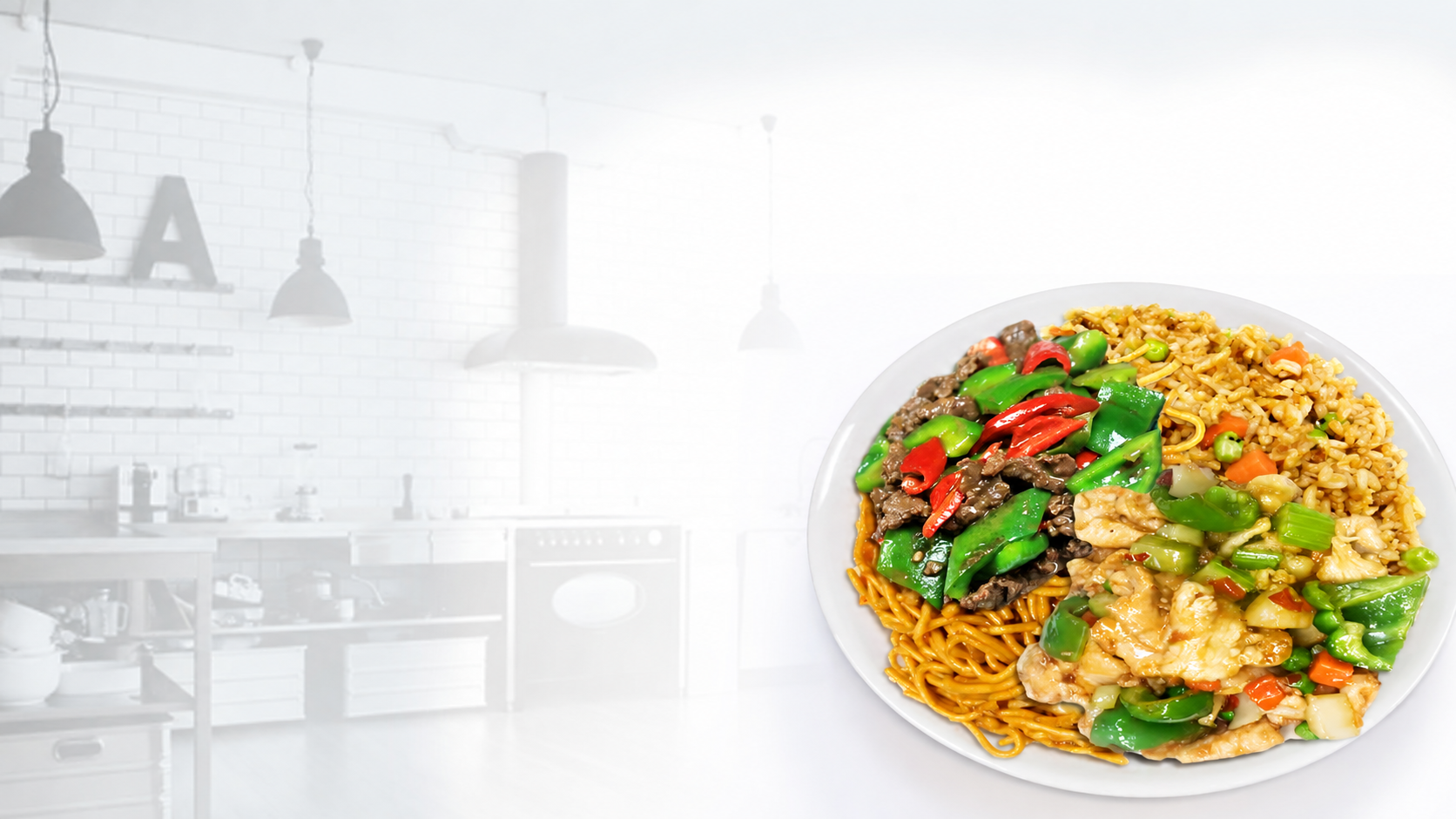 China Max Combo D with noodles, fried rice, beef, and chicken